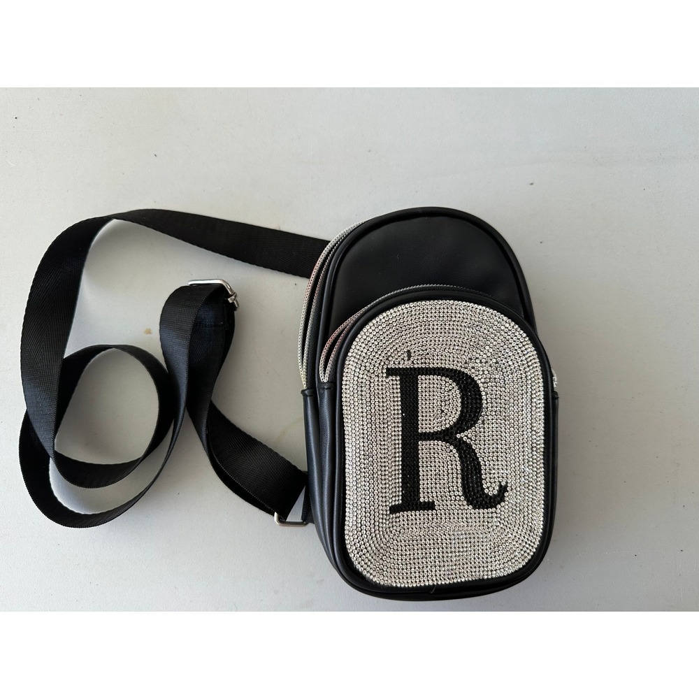 Black Faux Leather Rhinestone Initial R Crossbody Sling Bag Silver Hardware
